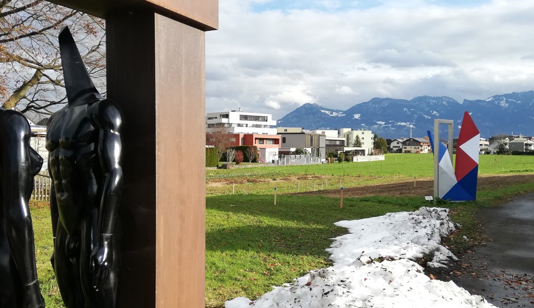 Was die farbig angesprühten Holzpflöcke auf der Wiese hinter den Kunstwerken bedeuten