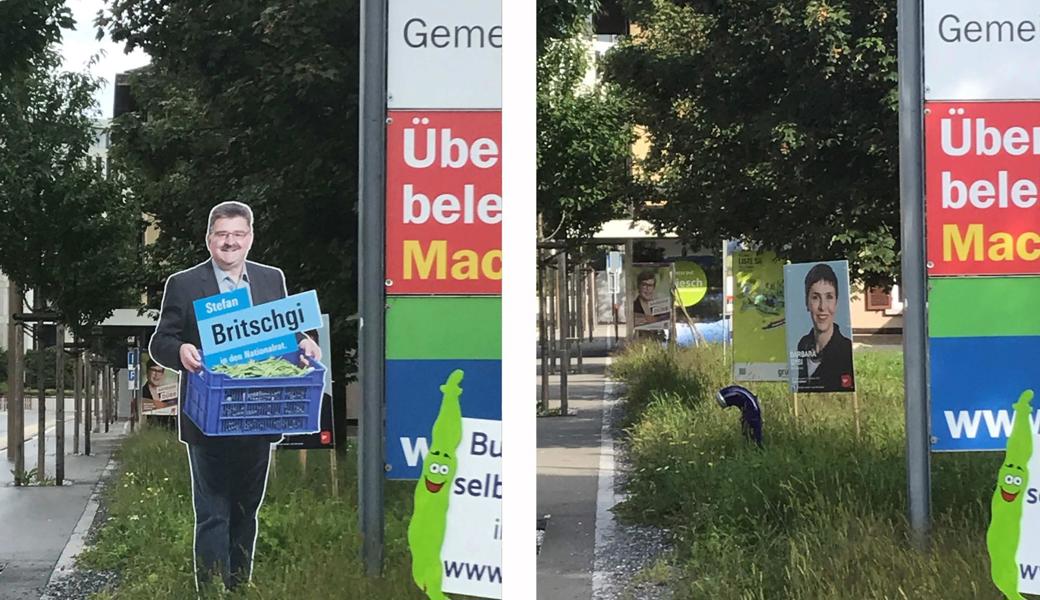 Britschgi steht (links) - Britschgi fehlt (rechts): Jemand hat die Figur des Diepoldsauer Nationalratskandidaten vom Strassenrand in Widnau mitlaufen lassen, kaum stand sie dort.