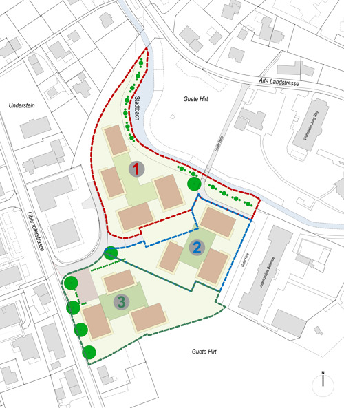 Übersicht Wohnbauprojekt «Tres Terrae» mit Baufeldern 1 bis 3 auf dem Areal «Guter Hirte».