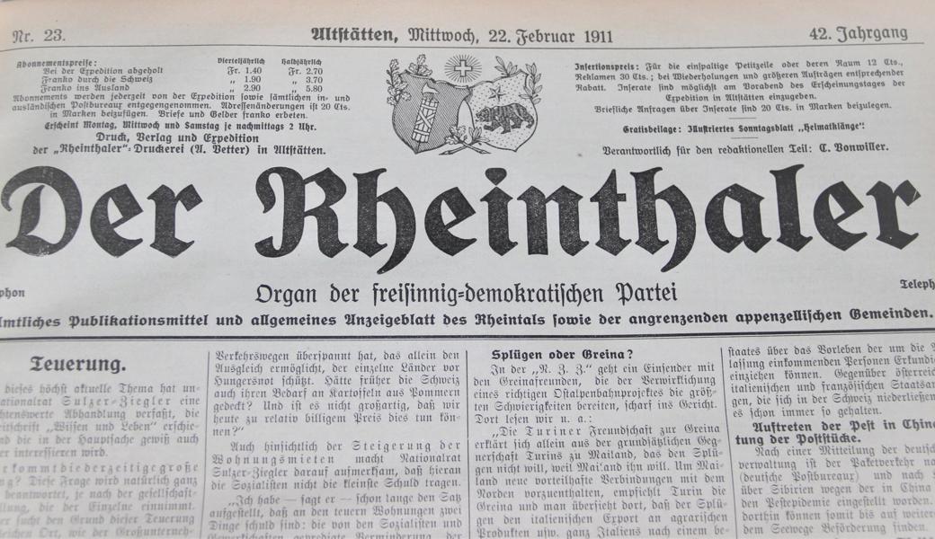 Im Titelkopf der Zeitung «Der Rheinthaler» war früher angegeben, wessen Organ das Blatt war, nämlich jenes der freisinnig-demokratischen Partei.