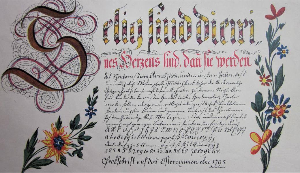 «Selig sind die reines Herzens sind…»: Eine prachtvolle Osterschrift mit reich verziertem Initial aus dem Jahr 1795.