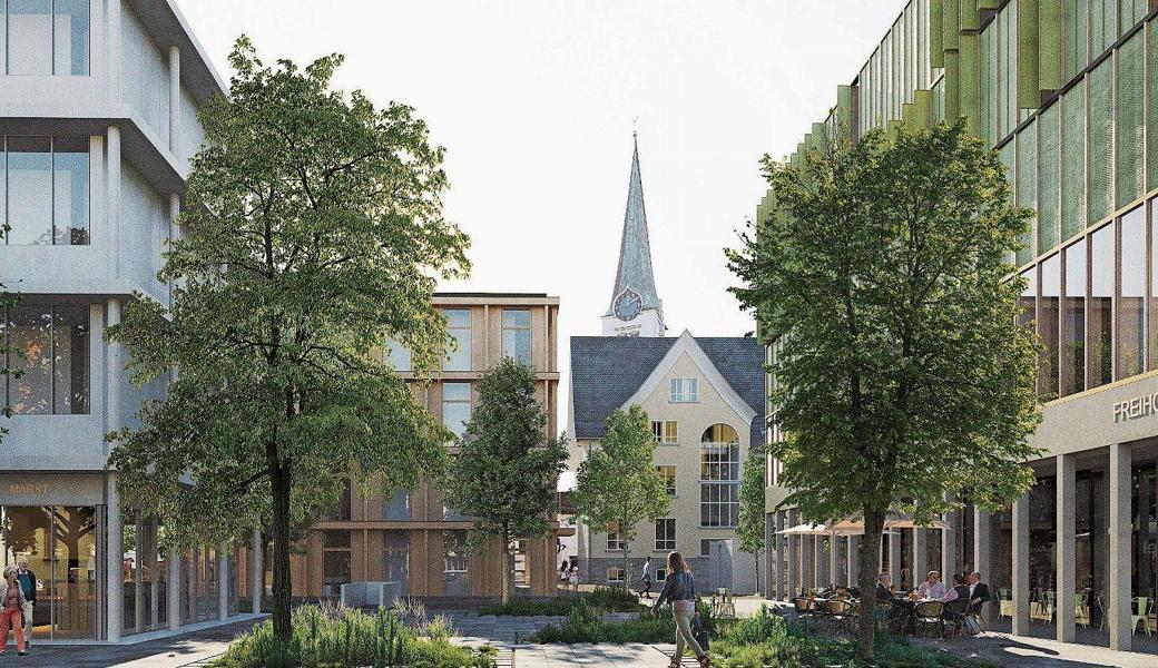 Diepoldsau erhält ein neues Gesicht: Auf dem Bild links ist ganz links das neue Wohn- und Geschäftshaus zu sehen, in der Mitte der Schulhausneubau und rechts das geplante neue Restaurant. Das rechte Bild zeigt den vorgesehenen Neubau der Raiffeisenbank Diepoldsau-Schmitter.