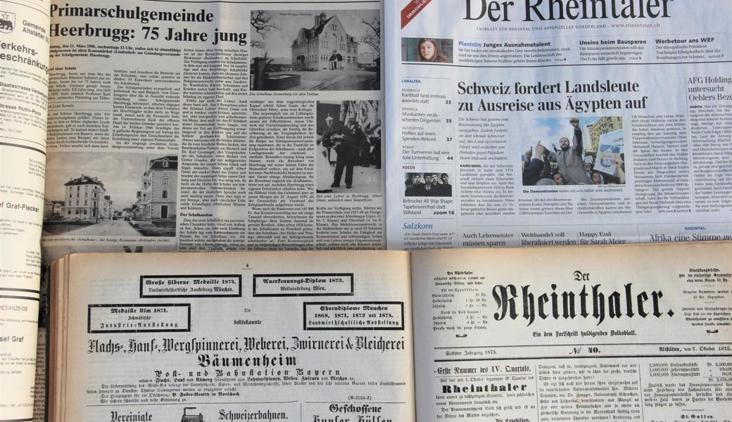 «Der Rheintaler» hat sich im Laufe der Zeit stark gewandelt. Das Foto zeigt je eine Ausgabe von 1875, 1981 und 2011 (dem Jahr, in dem die Fusion mit der «Volkszeitung» erfolgte).