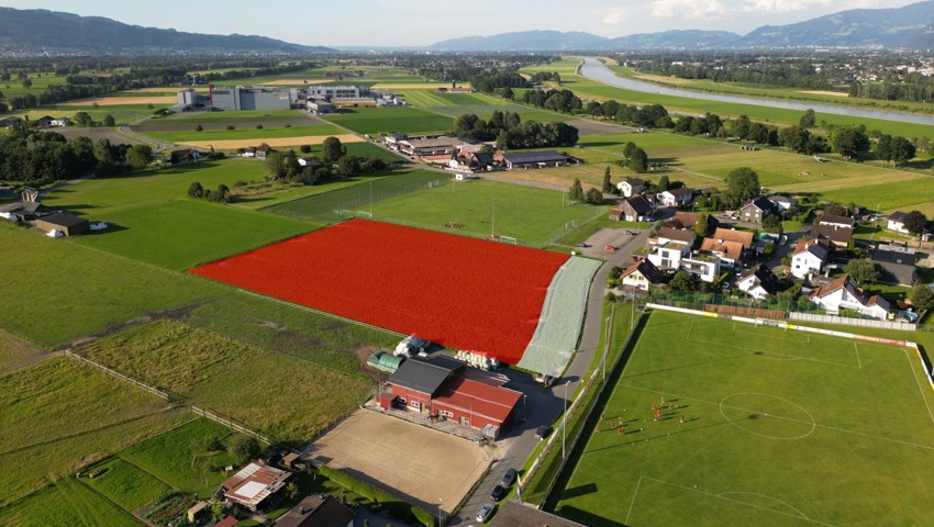 Auf dem rot eingefärbten Feld soll der neue Kunstrasen entstehen.