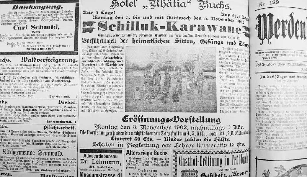 1902 und 1904: Zeitungsinserate im W&O zu Völkerschauen im Hotel Rhätia in Buchs. 