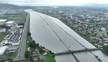 Der dreispurige Rhein von oben - hier wird das Ausmass der Überschwemmung deutlich
