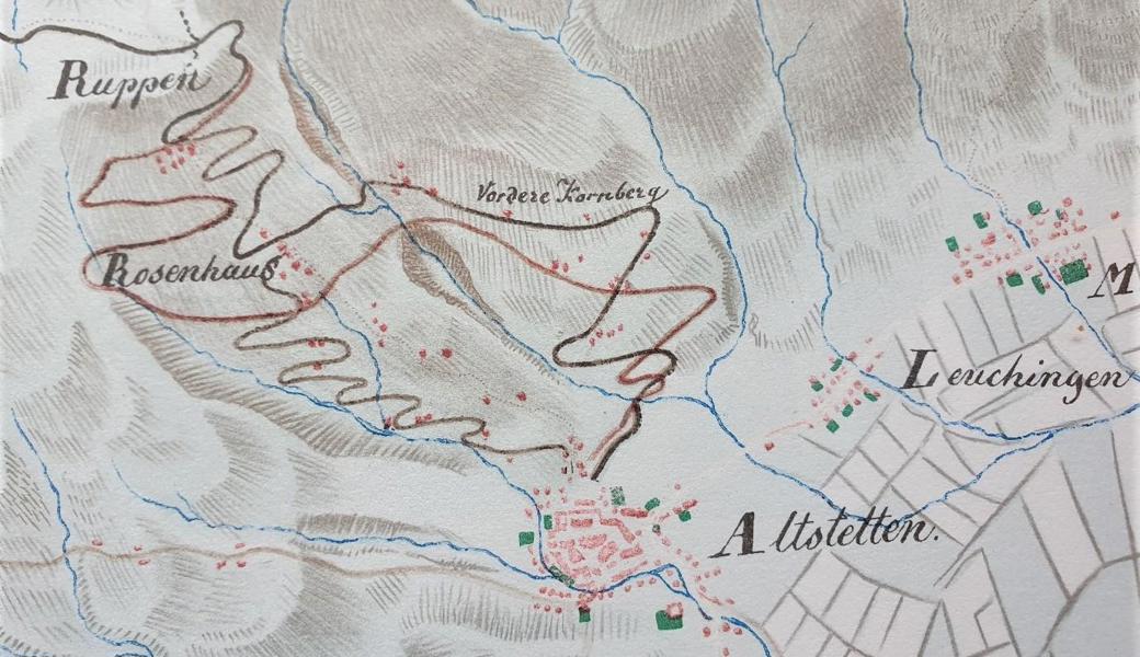 Bei der Strasse links handelt es sich um eine nie ausgeführte Variante. Die bis heute bestehende Ruppenstrasse befindet sich in der Mitte, rechts die neuen Varianten. Unterschrieben ist der Plan aus dem Jahr 1834 ganz einfach mit «Negrelli, Ingenieur».