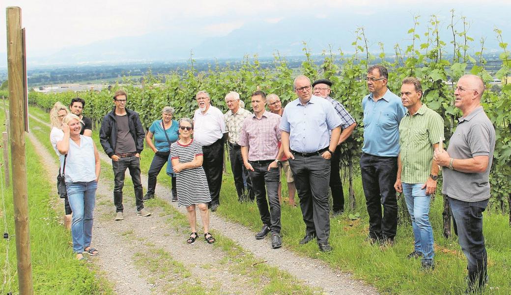 Geladene Gäste – unter ihnen Stadtpräsident Ruedi Mattle (Mitte, blaues Hemd) – bekamen von Jacques Sinz, dem Präsidenten der Ortsbürgergemeinde, den neuen Weinwanderweg vorgestellt. 