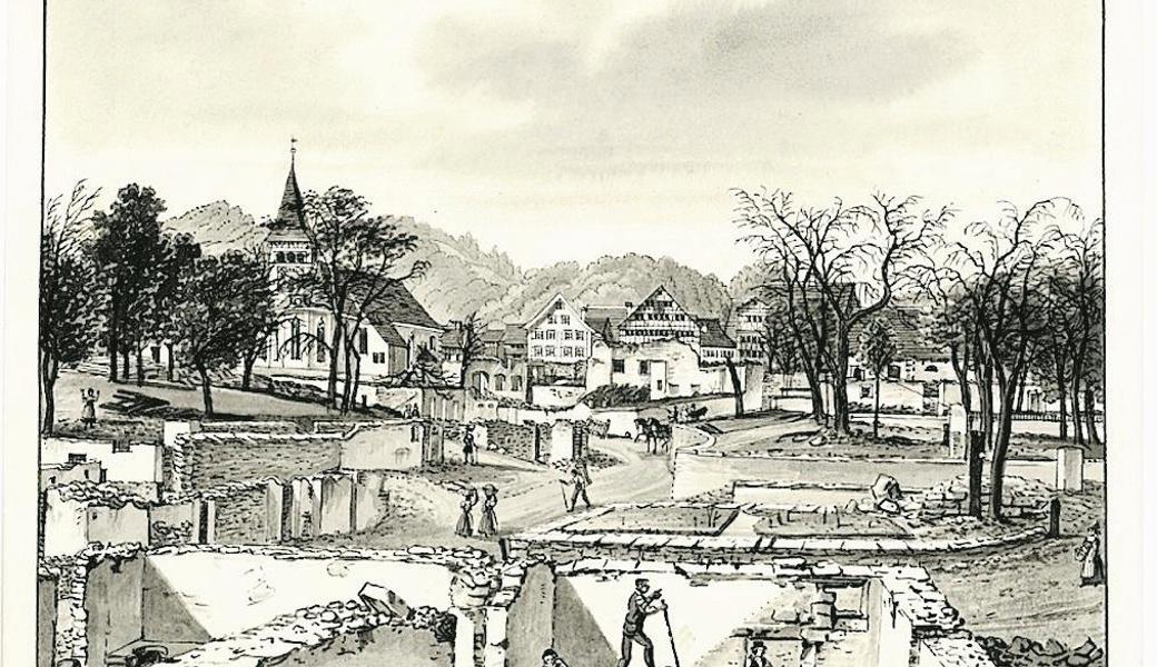Diese Tuschzeichnung von J. U. Fitzi zeigt Berneck nach dem Brand: Im Bild die Obere Dohlengasse und der Platz. Heute sind diese Orte unter den Namen Neugass und Rathausplatz bekannt.