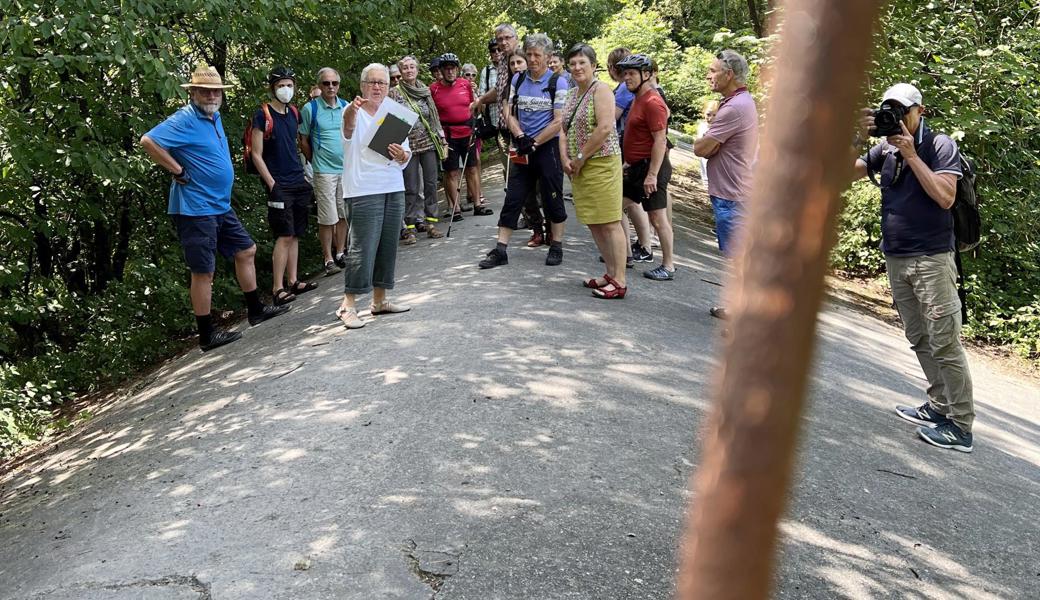 Die Gruppe aus der Schweiz am Rohr in Diepoldsau. Hier steht nach wie vor der Grenzzaun, heute mit einem offenen Durchgang.