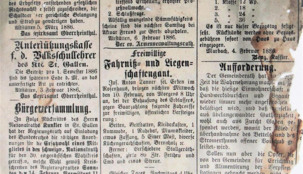 Die von Peter Seitz aus Balgach bei einem Schopfabbruch gefundene Zeitung vom 6. Februar 1886 befindet sich in einem Zustand, der so jämmerlich ist wie jener der Bourbaki-Armee, als diese – abgekämpft – in der Schweiz militärisches Asyl erhielt.
