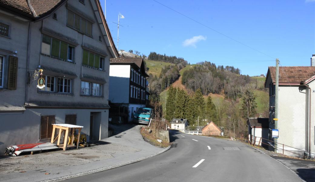 In dieser unübersichtlichen Kurve quert ein Wanderweg die Trogenerstrasse, ein Stück weiter talwärts mündet eine Mountainbike-Strecke in die Fahrbahn. 