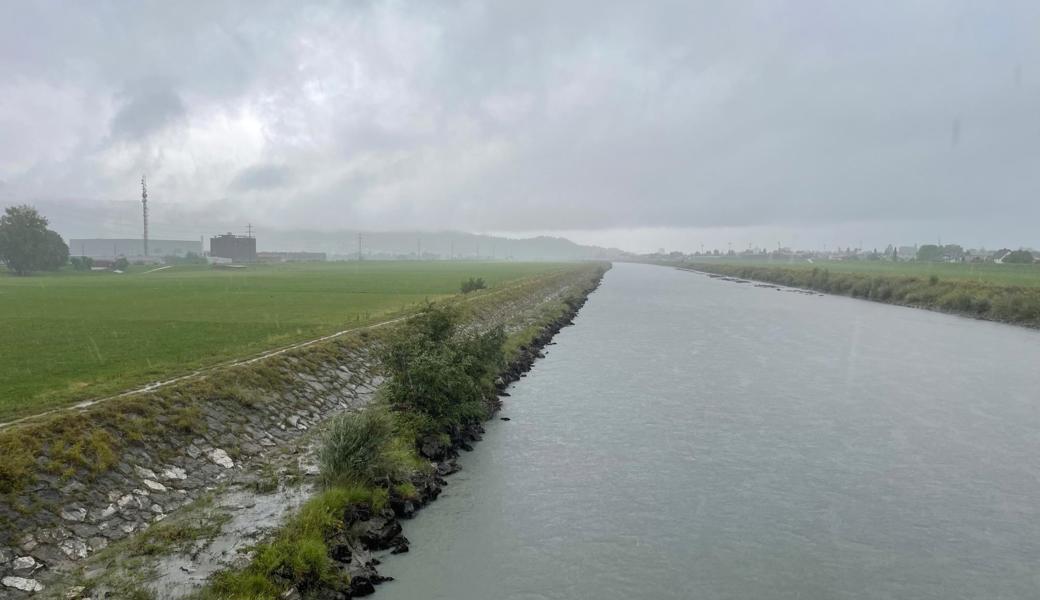 Der Rhein auf Höhe Widnau-Lustenau am Freitag nach dem Mittag. Als der Schwimmer im Rhein war, stand das Wasser einen Meter dreissig höher und schwoll zu jenem Zeitpunkt immer noch an.