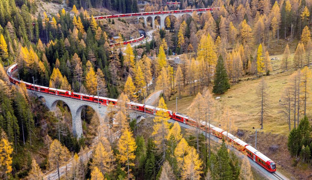 Ein über 1900 Meter langer Zug, bestehend aus Triebzügen, die Stadler-Rail im Rheintal baut.