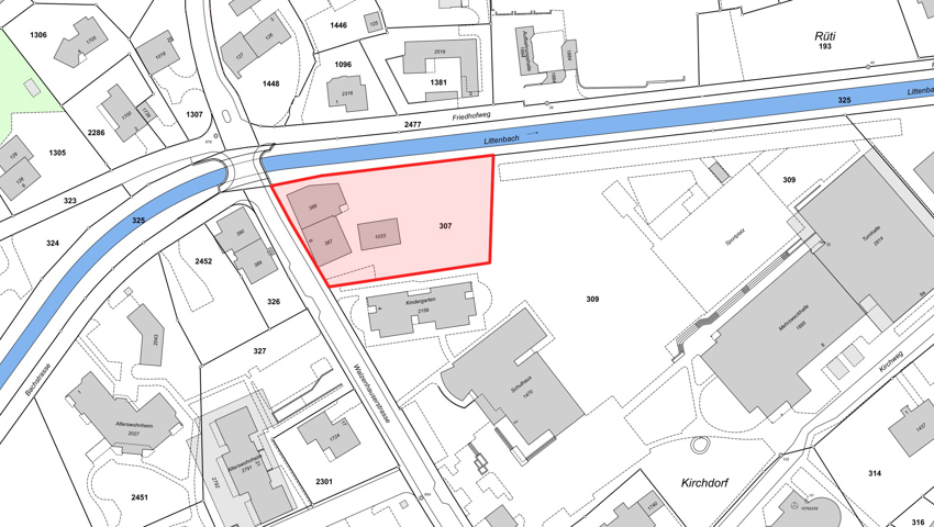 Die rot markierte Parzelle 307 gehört der Primarschule Au-Heerbrugg