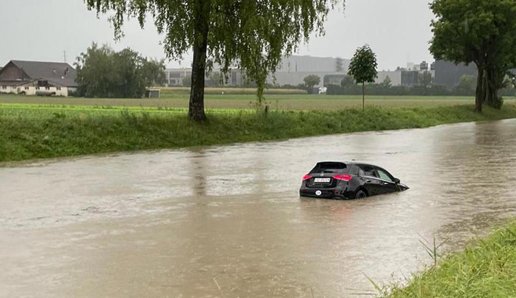 Diese Bilder stammen vom Freitagnachmittag, als das Auto im Binnenkanal von Widnau Richtung Au getrieben ist.