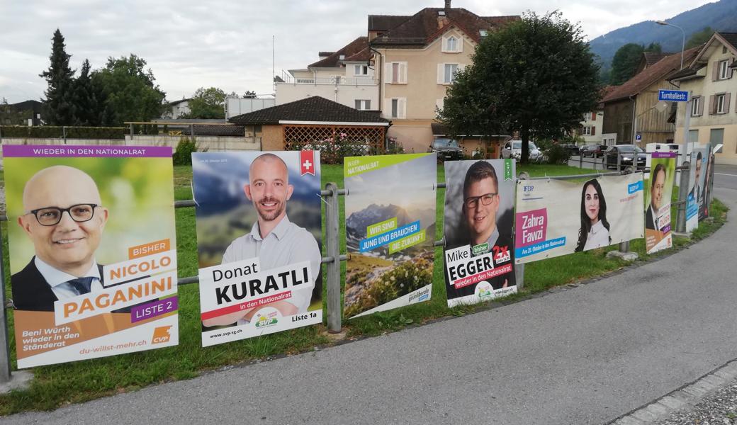 Wer schaut da noch hin? Ordentlich aufgereiht, aber eine überbordende Menge an Wahlplakaten hängt entlang der Hauptstrasse in Balgach.